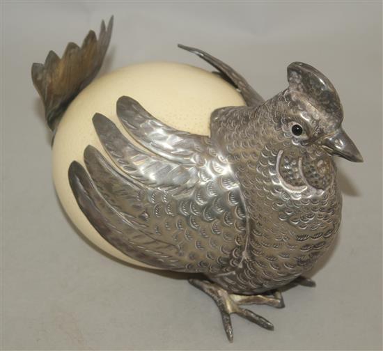 Gabriella Binazzi, Italian. An ostrich egg and silver plated chicken, 6.5in.